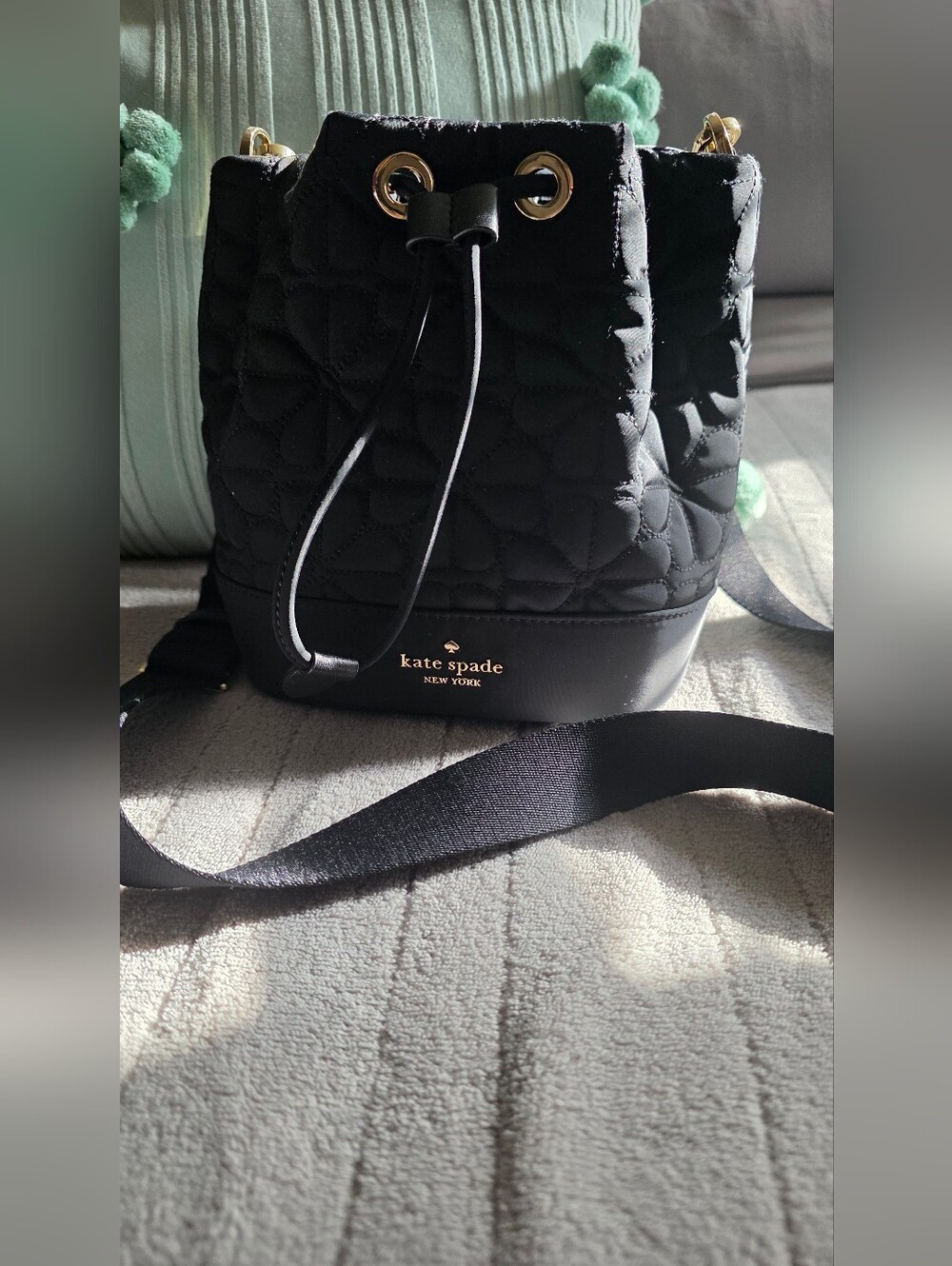 Kate Spade Black Quilted Bucket Crossbody with Gold Logo